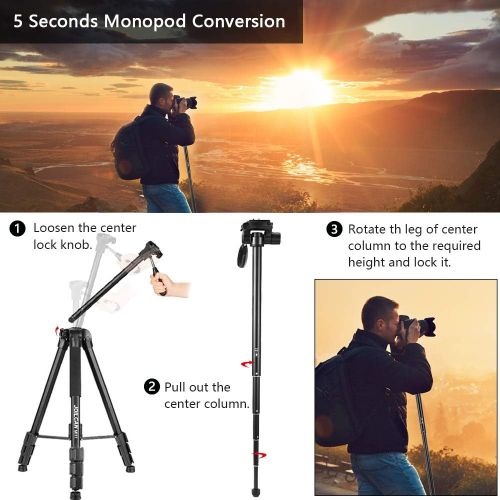  JOILCAN 72-Inch Camera/Phone Tripod, Aluminum Tripod Travel Monopod Full Size for DSLR with 2 Quick Release Plates,Universal Phone Mount and Convenient Carrying Case Ideal for Travel and W