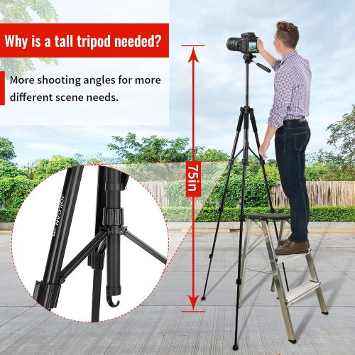  JOILCAN 75” Camera Tripod for Canon Nikon DSLR,Aluminum Tall Cellphones Stand with 2PC Quick Plates and Universal Phone Mount 13lb Load (Black)
