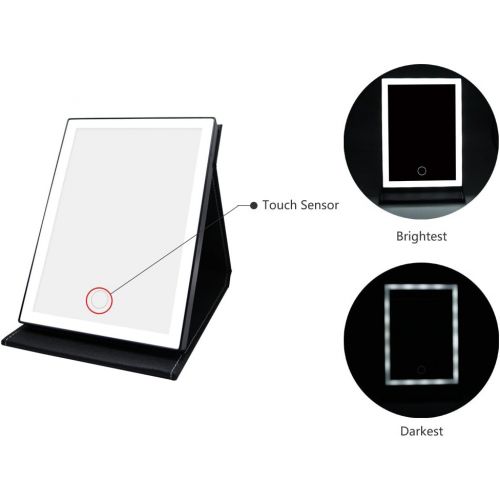  JOJOO 21 LED Lighted Vanity Makeup Mirror Touch Screen Rechargeable Foldable Portable Travel Desktop Cosmetic Mirror, PU Leather Black BP004B