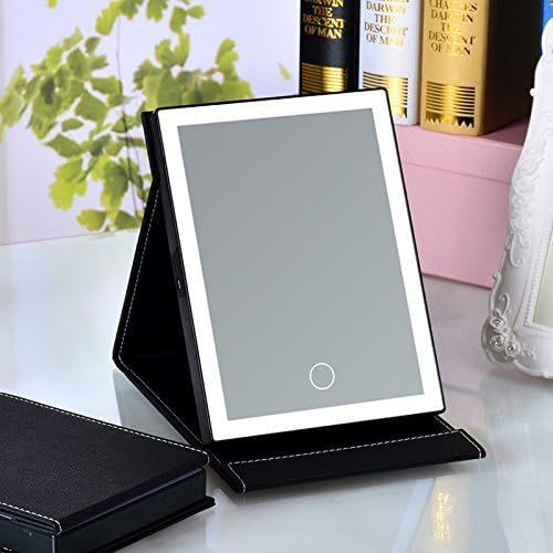  JOJOO 21 LED Lighted Vanity Makeup Mirror Touch Screen Rechargeable Foldable Portable Travel Desktop Cosmetic Mirror, PU Leather Black BP004B