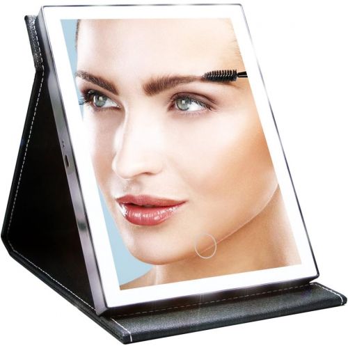  JOJOO 21 LED Lighted Vanity Makeup Mirror Touch Screen Rechargeable Foldable Portable Travel Desktop Cosmetic Mirror, PU Leather Black BP004B