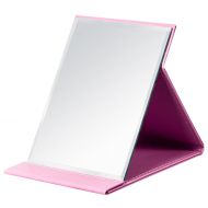 JOLY Protable PU Leather Mirror Folding Desktop Makeup Mirror with Adjustable Stand for Personal Use,Travelling (L, Pink)