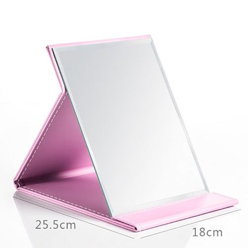  JOLY Protable PU Leather Mirror Folding Desktop Makeup Mirror with Adjustable Stand for Personal Use,Travelling (L, Pink)