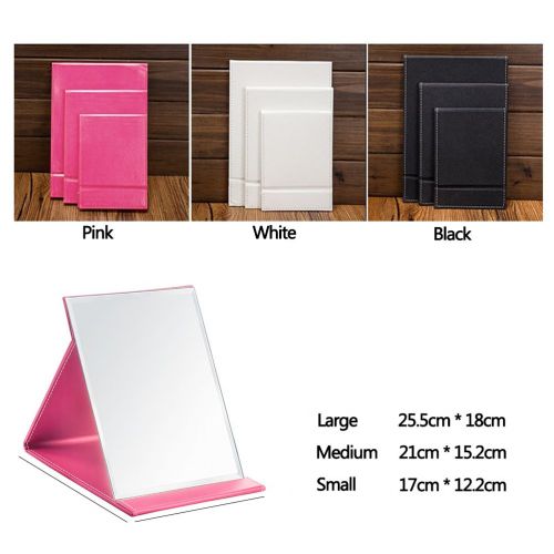  JOLY Protable PU Leather Mirror Folding Desktop Makeup Mirror with Adjustable Stand for Personal Use,Travelling (L, Pink)