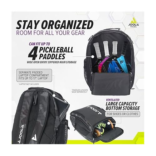  JOOLA Pickleball Bag - Vision II Deluxe Pickleball Backpack - Large Paddle Bag fits 4 Pickleball Paddles & Gear - Fence Hook, Extra Pockets, Ventilated Shoe Storage