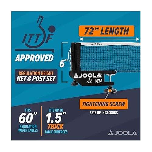  JOOLA WM Professional Table Tennis Net and Post Set - ITTF Tournament Approved - 72in Regulation Ping Pong Net with Screw On Clamp Attachment