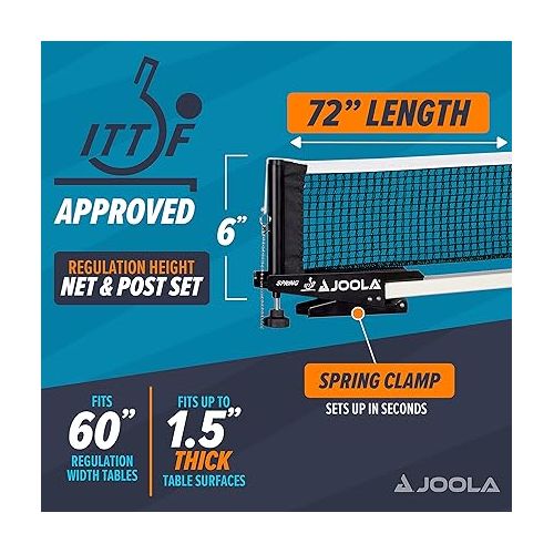  JOOLA Spring Professional Table Tennis Net and Post Set - ITTF Tournament Approved - 72in Regulation Ping Pong Net with Spring Activated Clamp Attachment