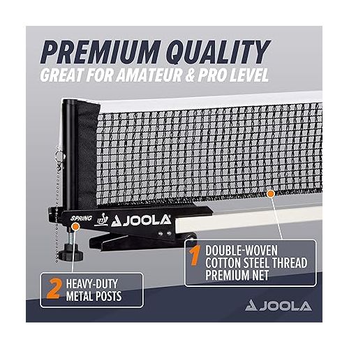  JOOLA Spring Professional Table Tennis Net and Post Set - ITTF Tournament Approved - 72in Regulation Ping Pong Net with Spring Activated Clamp Attachment