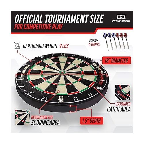  Infinity Darts Bristle Dartboard Set - Includes 6 Metal Tip Darts Set, Self-Healing Sisal Fiber Dart Board, Rotating Steel Wire Scoring Ring, Staple Free Bullseye, for Home Game Room or Bar Darts