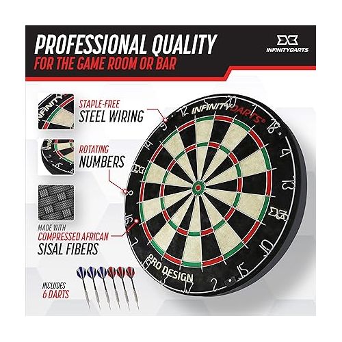  Infinity Darts Bristle Dartboard Set - Includes 6 Metal Tip Darts Set, Self-Healing Sisal Fiber Dart Board, Rotating Steel Wire Scoring Ring, Staple Free Bullseye, for Home Game Room or Bar Darts