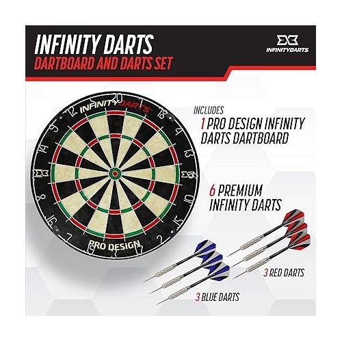  Infinity Darts Bristle Dartboard Set - Includes 6 Metal Tip Darts Set, Self-Healing Sisal Fiber Dart Board, Rotating Steel Wire Scoring Ring, Staple Free Bullseye, for Home Game Room or Bar Darts