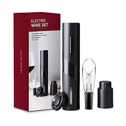  [아마존베스트]JOQINEER Electric wine bottle opener kit. The rechargeable automatic corkscrew contains a vacuum stopper with foil cutter and a wine aerator with USB charging cable for the 4-in-1, black.