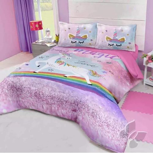  JORGES HOME FASHION INC NEW PRETTY COLLECTION UNICORN AND RAINBOW TEENS GIRLS REVERSIBLE COMFORTER SET 3 PCS QUEEN SIZE