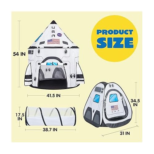  JOYIN White Rocket Ship Pop up Play Tent with Tunnel and Playhouse Kids Indoor Outdoor Spaceship Tent Set