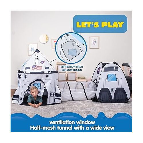  JOYIN White Rocket Ship Pop up Play Tent with Tunnel and Playhouse Kids Indoor Outdoor Spaceship Tent Set