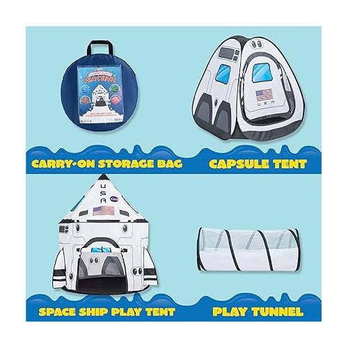  JOYIN White Rocket Ship Pop up Play Tent with Tunnel and Playhouse Kids Indoor Outdoor Spaceship Tent Set