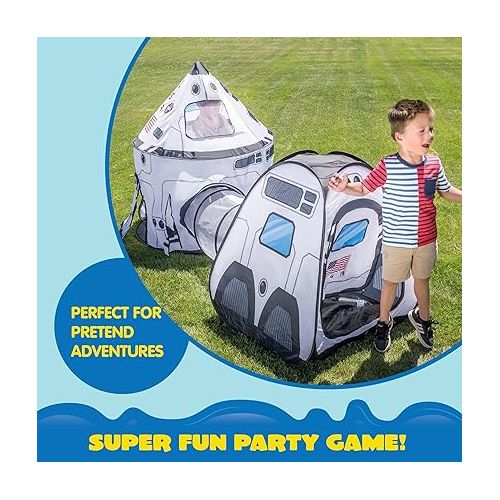  JOYIN White Rocket Ship Pop up Play Tent with Tunnel and Playhouse Kids Indoor Outdoor Spaceship Tent Set