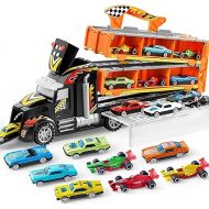 JOYIN Carrier Truck Toys for Kids,5-FT Race Track and 12 Die-Cast Metal Toy Cars, Racing Car with Lights & Sounds, Truck Toy Gift for 2 3 4 5 Years Old Boys and Girls