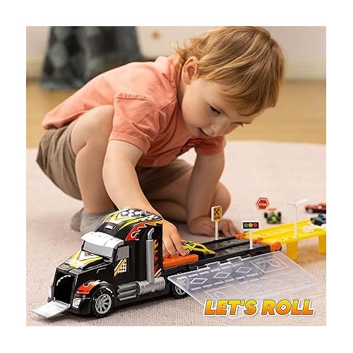  JOYIN Carrier Truck Toys for Kids,5-FT Race Track and 12 Die-Cast Metal Toy Cars, Racing Car with Lights & Sounds, Truck Toy Gift for 2 3 4 5 Years Old Boys and Girls