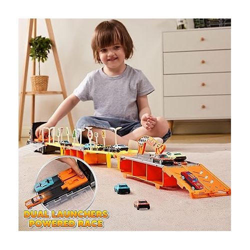  JOYIN Carrier Truck Toys for Kids,5-FT Race Track and 12 Die-Cast Metal Toy Cars, Racing Car with Lights & Sounds, Truck Toy Gift for 2 3 4 5 Years Old Boys and Girls