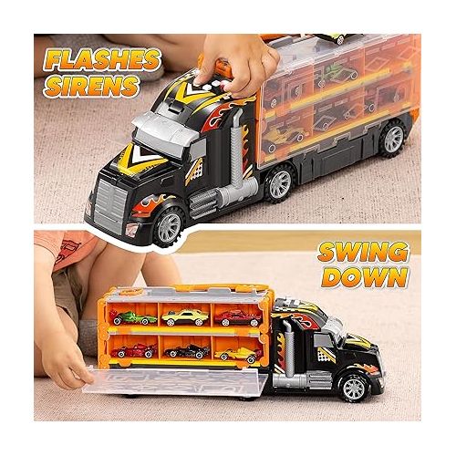  JOYIN Carrier Truck Toys for Kids,5-FT Race Track and 12 Die-Cast Metal Toy Cars, Racing Car with Lights & Sounds, Truck Toy Gift for 2 3 4 5 Years Old Boys and Girls