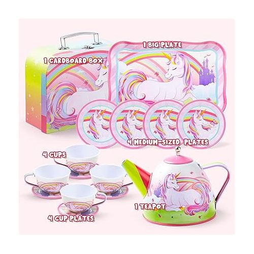  JOYIN Unicorn Tea Set for Toddlers Tea Party Set for Children Kids Pretend Role Play Tin Teapot Set with Cups, Plates and Carrying Case Kitchen Toy for Little Girls Birthday Gifts Age 3 4 5 6