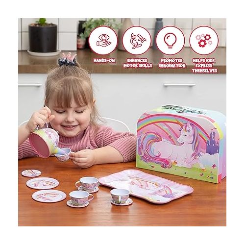  JOYIN Unicorn Tea Set for Toddlers Tea Party Set for Children Kids Pretend Role Play Tin Teapot Set with Cups, Plates and Carrying Case Kitchen Toy for Little Girls Birthday Gifts Age 3 4 5 6