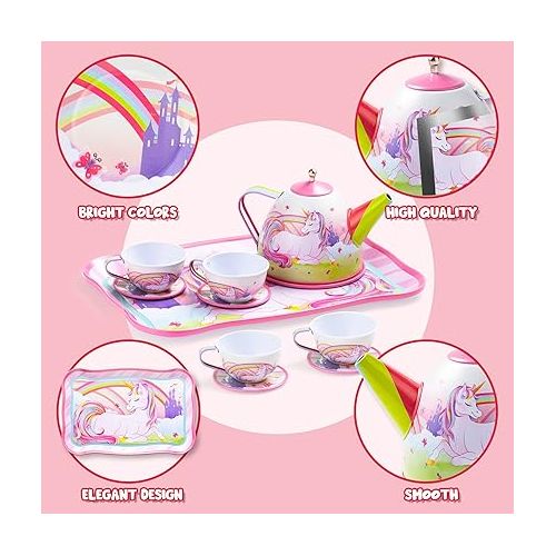  JOYIN Unicorn Tea Set for Toddlers Tea Party Set for Children Kids Pretend Role Play Tin Teapot Set with Cups, Plates and Carrying Case Kitchen Toy for Little Girls Birthday Gifts Age 3 4 5 6