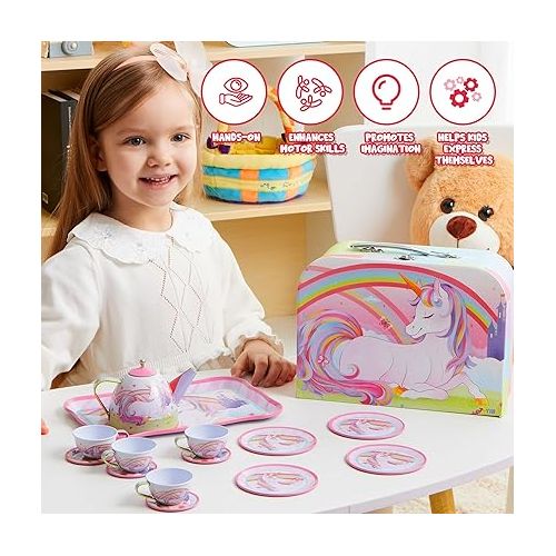  JOYIN Unicorn Tea Set for Toddlers Tea Party Set for Children Kids Pretend Role Play Tin Teapot Set with Cups, Plates and Carrying Case Kitchen Toy for Little Girls Birthday Gifts Age 3 4 5 6