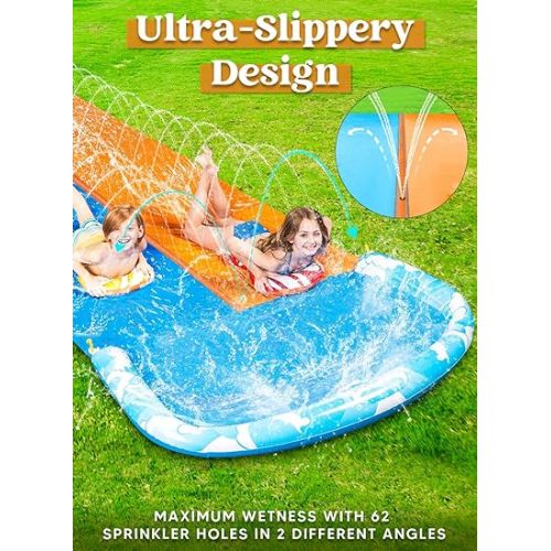  JOYIN 22.5ft Water Slides and 2 Bodyboards, Lawn Water Slide Summer Slip Waterslides Water Toy with Build in Sprinkler for Backyard Outdoor Water Fun for Kids