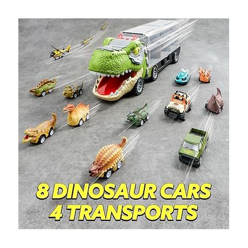  JOYIN 13 in 1 Dinosaur Toys for Kids 3-5, Dinosaur Truck with 12 Pull Back Cars, Dinosaur Cars Set, Birthday Gifts Toys for 3 4 5+ Year Old Boy, Transport Carrier Truck for Toddlers 2-4 Years