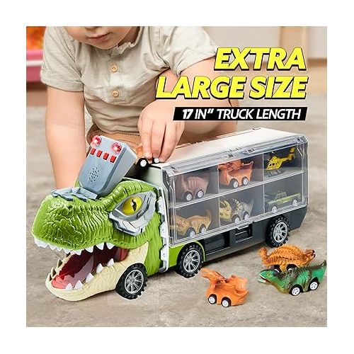  JOYIN 13 in 1 Dinosaur Toys for Kids 3-5, Dinosaur Truck with 12 Pull Back Cars, Dinosaur Cars Set, Birthday Gifts Toys for 3 4 5+ Year Old Boy, Transport Carrier Truck for Toddlers 2-4 Years