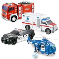 JOYIN 4 Packs Emergency Vehicle Toy Playsets, Friction Powered Vehicles with Light and Sound, Including Fire Truck, Ambulance Toy, Play Police Car and Toy Helicopter, Best Toddler Kids Boys Gifts