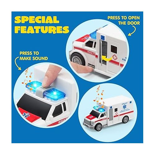  JOYIN 4 Packs Emergency Vehicle Toy Playsets, Friction Powered Vehicles with Light and Sound, Including Fire Truck, Ambulance Toy, Play Police Car and Toy Helicopter, Best Toddler Kids Boys Gifts