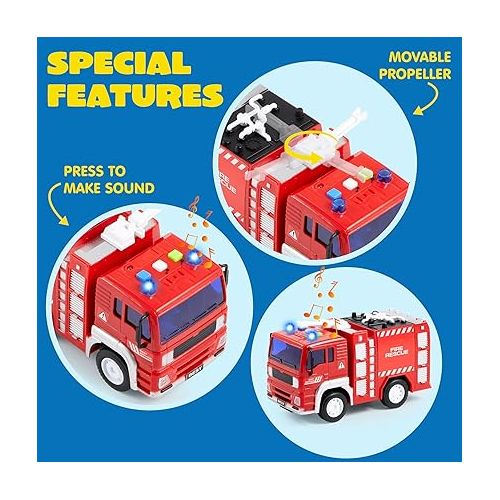  JOYIN 4 Packs Emergency Vehicle Toy Playsets, Friction Powered Vehicles with Light and Sound, Including Fire Truck, Ambulance Toy, Play Police Car and Toy Helicopter, Best Toddler Kids Boys Gifts