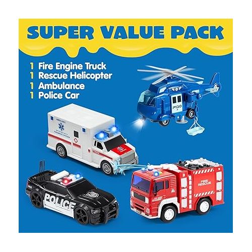  JOYIN 4 Packs Emergency Vehicle Toy Playsets, Friction Powered Vehicles with Light and Sound, Including Fire Truck, Ambulance Toy, Play Police Car and Toy Helicopter, Best Toddler Kids Boys Gifts