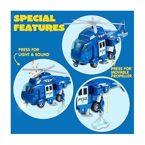  JOYIN 4 Packs Emergency Vehicle Toy Playsets, Friction Powered Vehicles with Light and Sound, Including Fire Truck, Ambulance Toy, Play Police Car and Toy Helicopter, Best Toddler Kids Boys Gifts