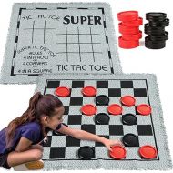 3-in-1 Vintage Giant Checkers and Tic Tac Toe Game with Reversible Mat, 24 Chips, Family Board Game, Lawn Game, BBQ Party Favor, Indoor and Outdoor Activity for Kids and Adults