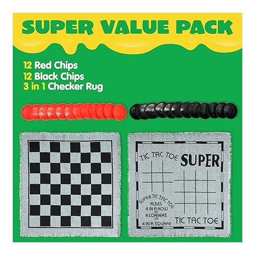  3-in-1 Vintage Giant Checkers and Tic Tac Toe Game with Reversible Mat, 24 Chips, Family Board Game, Lawn Game, BBQ Party Favor, Indoor and Outdoor Activity for Kids and Adults