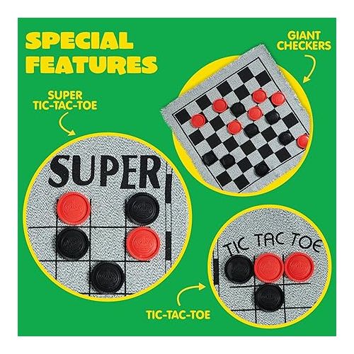  3-in-1 Vintage Giant Checkers and Tic Tac Toe Game with Reversible Mat, 24 Chips, Family Board Game, Lawn Game, BBQ Party Favor, Indoor and Outdoor Activity for Kids and Adults