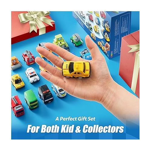  JOYIN 18 Pcs Pull Back City Cars and Trucks Toy Vehicles Set, Friction Powered Cars Toys for Toddlers, Boys, Girls’ Educational Play, Goodie Bags Stuffers