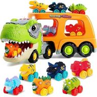 JOYIN Dinosaur Truck Toys for Kids, Kids Toys Boys Age 3 4 5, Dinosaur Car Carrier Truck Toy with 6 Rubber Car Vehicles, Toddler Birthday Gifts with Music & Lights for 3 4 5 Year Old Boys