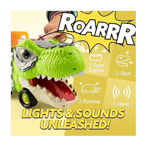  JOYIN Dinosaur Truck Toys for Kids, Kids Toys Boys Age 3 4 5, Dinosaur Car Carrier Truck Toy with 6 Rubber Car Vehicles, Toddler Birthday Gifts with Music & Lights for 3 4 5 Year Old Boys