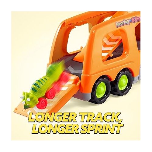  JOYIN Dinosaur Truck Toys for Kids, Kids Toys Boys Age 3 4 5, Dinosaur Car Carrier Truck Toy with 6 Rubber Car Vehicles, Toddler Birthday Gifts with Music & Lights for 3 4 5 Year Old Boys