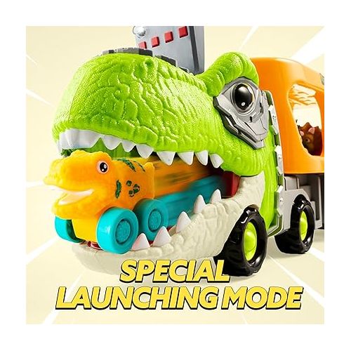  JOYIN Dinosaur Truck Toys for Kids, Kids Toys Boys Age 3 4 5, Dinosaur Car Carrier Truck Toy with 6 Rubber Car Vehicles, Toddler Birthday Gifts with Music & Lights for 3 4 5 Year Old Boys