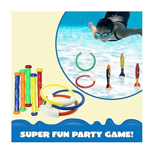  JOYIN 18Pcs Diving Pool Toys for Kids, Swimming Pool Toy with Storage Bag Includes 4 Pool Rings, 4 Diving Sticks, 4 Bandits, 6 Treasures Underwater Swim Pool Games for Ages 8-12
