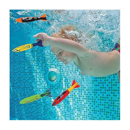  JOYIN 18Pcs Diving Pool Toys for Kids, Swimming Pool Toy with Storage Bag Includes 4 Pool Rings, 4 Diving Sticks, 4 Bandits, 6 Treasures Underwater Swim Pool Games for Ages 8-12