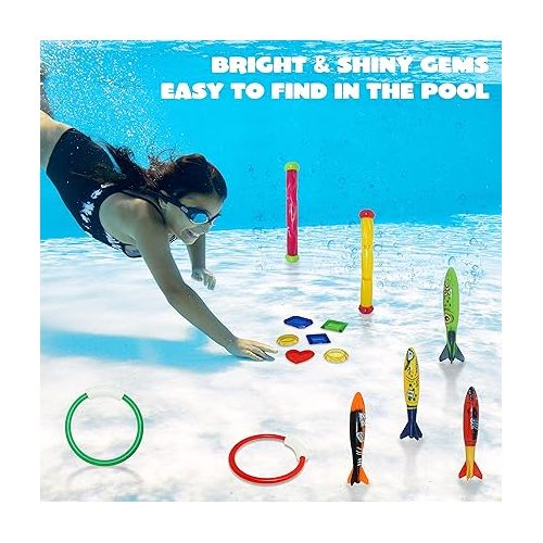  JOYIN 18Pcs Diving Pool Toys for Kids, Swimming Pool Toy with Storage Bag Includes 4 Pool Rings, 4 Diving Sticks, 4 Bandits, 6 Treasures Underwater Swim Pool Games for Ages 8-12