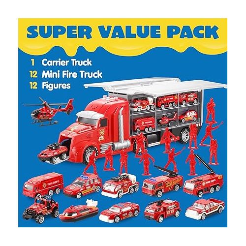  JOYIN 25 in 1 Die-cast Mini Rescue Emergency Fire Truck Car Vehicle Toy Set with Sounds and Lights, Birthday Gifts for Over 3 Years Old Boys