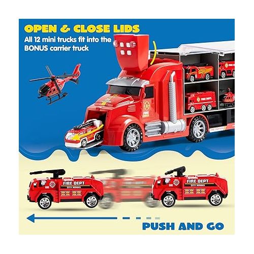  JOYIN 25 in 1 Die-cast Mini Rescue Emergency Fire Truck Car Vehicle Toy Set with Sounds and Lights, Birthday Gifts for Over 3 Years Old Boys